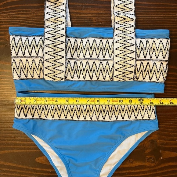 NEW Two-piece Bikini Boho Blue White Bandeau Top High Rise Swimsuit Size Large - Picture 7 of 11